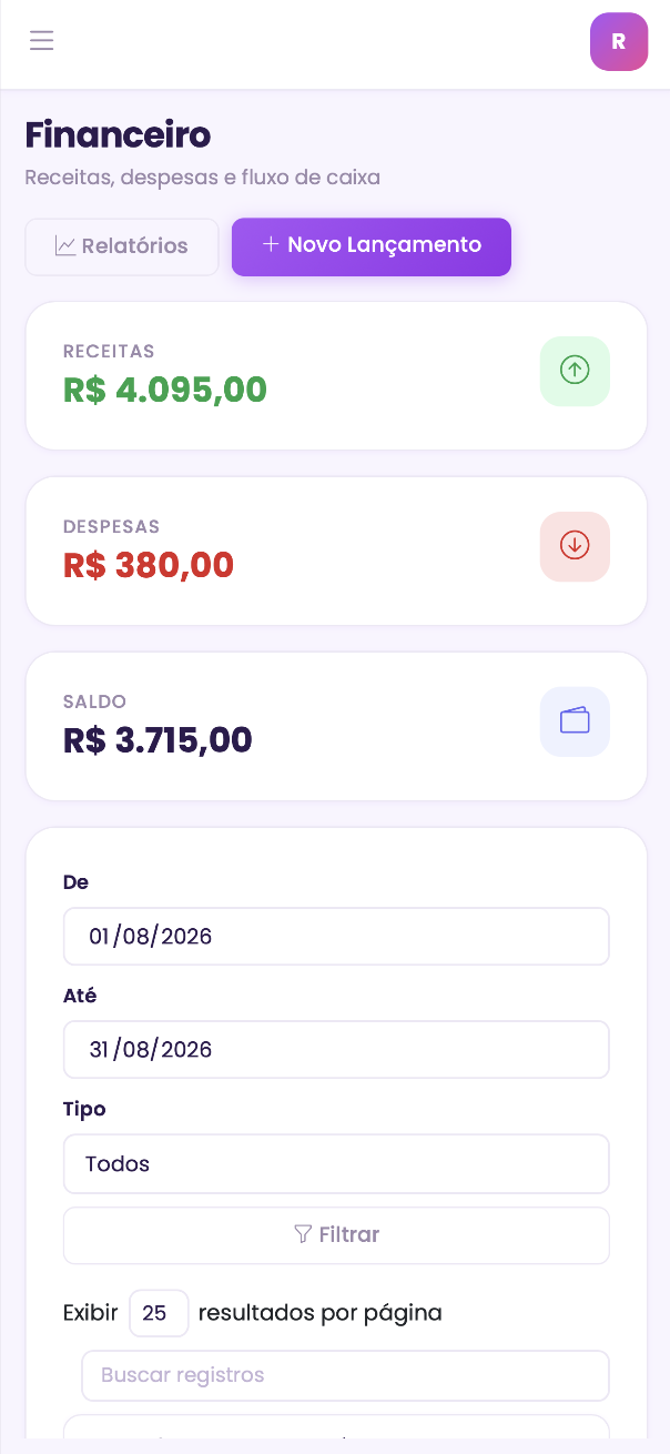 Tela financeira com receitas, despesas e saldo