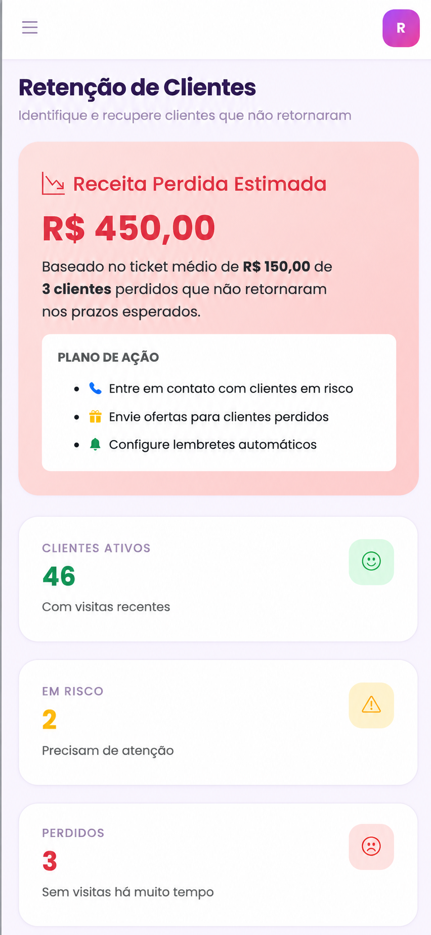 Tela de retenção mostrando clientes ativos, em risco e perdidos